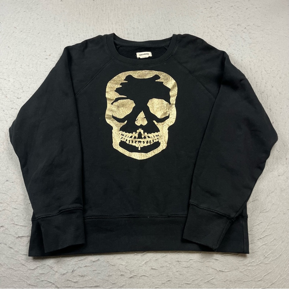 Zadig and Voltaire Sweatshirt Womens XL Black Gold Skull Upper Crewneck Designer
